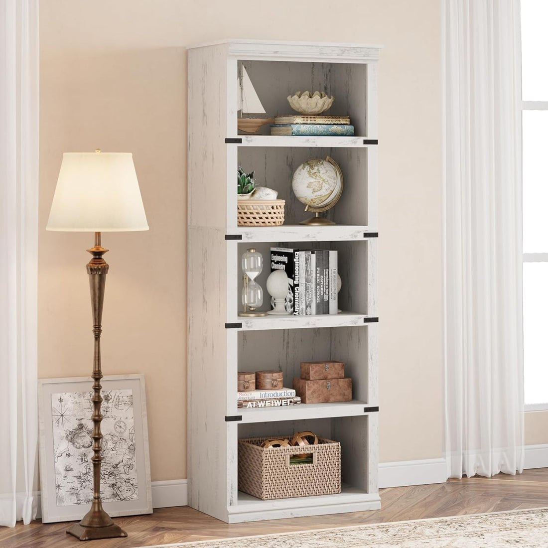 Garvee Farmhouse Bookcase 5 Tiers Tall Wooden 67.4" with Storage, Colonial Molding, MDF Boards, Iron Angle Design, Home Office, Living Room, White