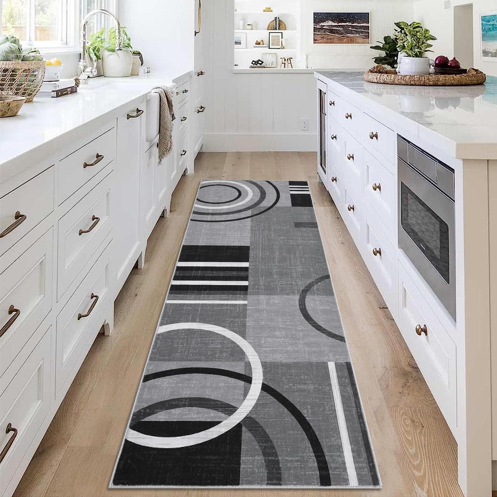 2x6 runner rug with low pile and non-slip design for kitchen use in black and gray abstract pattern