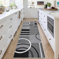 2x6 runner rug with low pile and non-slip design for kitchen use in black and gray abstract pattern