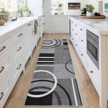 2x6 runner rug with low pile and non-slip design for kitchen use in black and gray abstract pattern