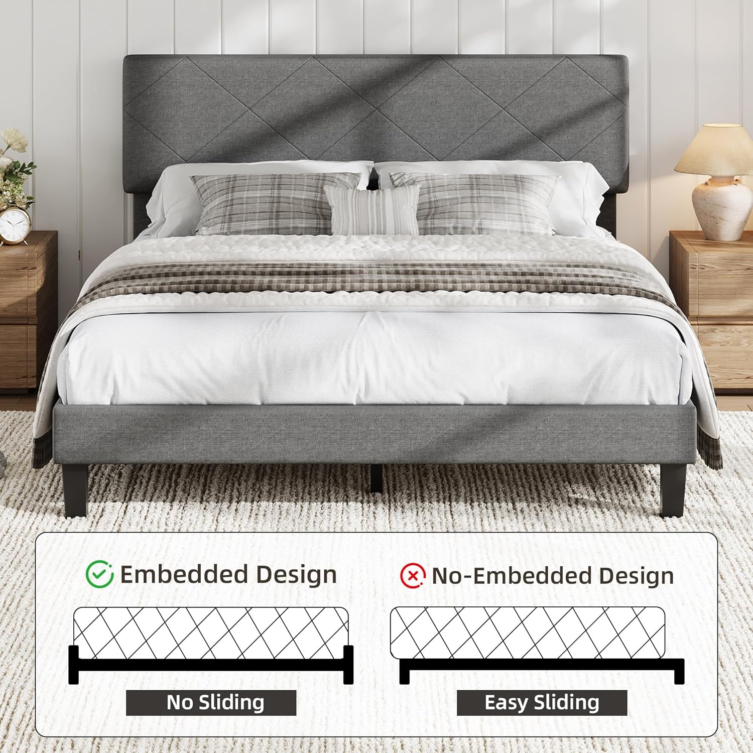 Garvee Full Size Bed Frame with Upholstered Headboard, Full Size Platform Bed Frame with Wooden Slat Support, Easy Assembly Platform Bed, No Box Spring Needed & Noise Free, Gray