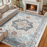 Garvee Machine Washable Rug 10x13, Neutral Floral Vintage Area Rug for Living Room, Bedroom, Dining Room - Orange Blue