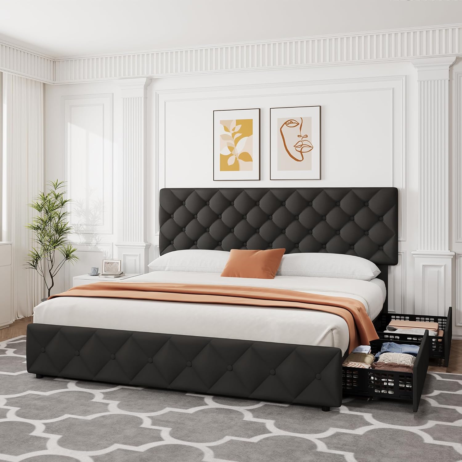 Garvee King Size Bed Frame with 4 Storage Drawers, Linen Upholstered Platform Bed Frame with Adjustable Headboard, Diamond Stitched Button Tufted, No Box Spring Needed, Black