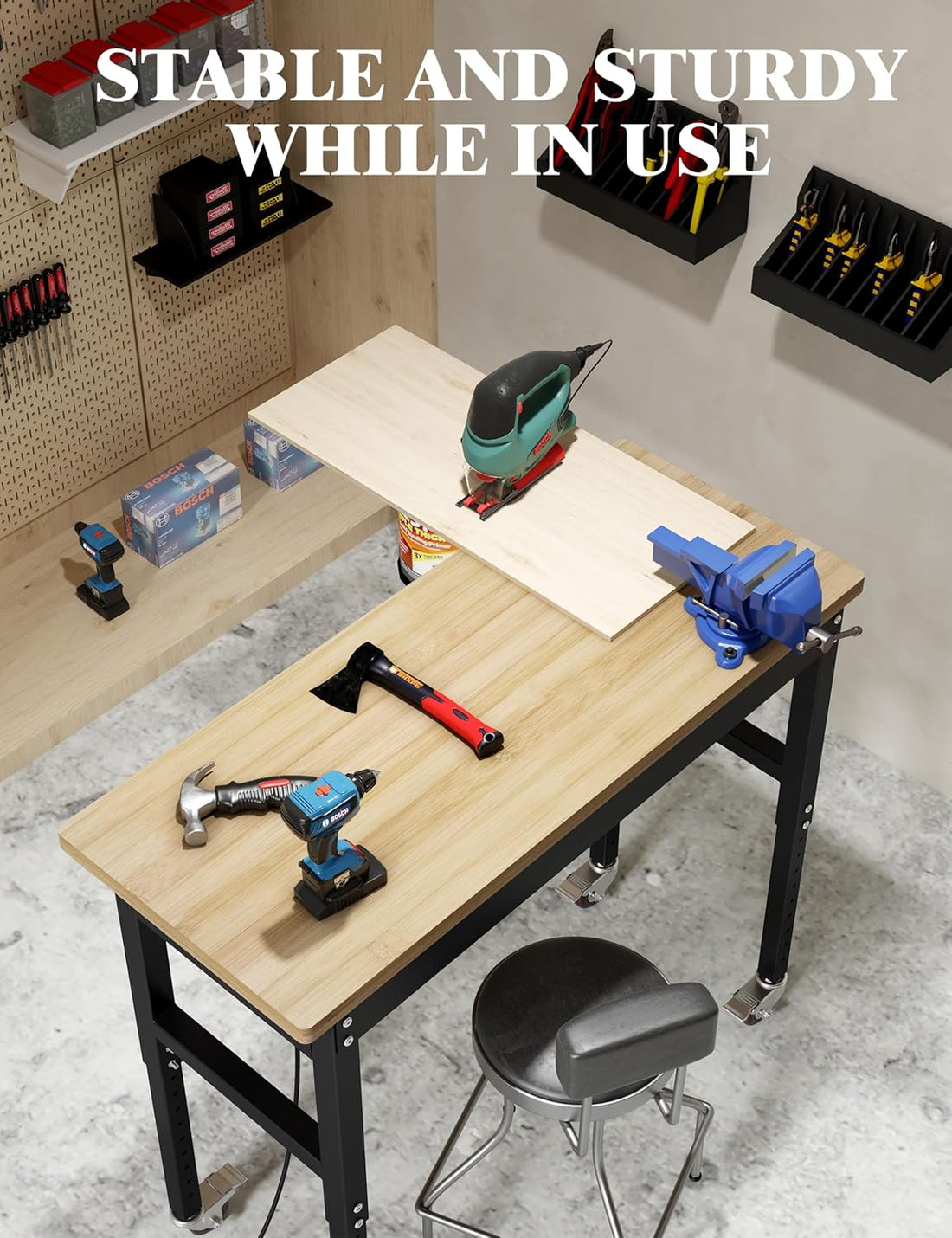 Garvee 48" x 24" Height Adjustable Workbench, 2200 Lbs Weight Capacity with Power Socket,Cable for Garages, Workshops, Homes & Offices (Metal Wheel)