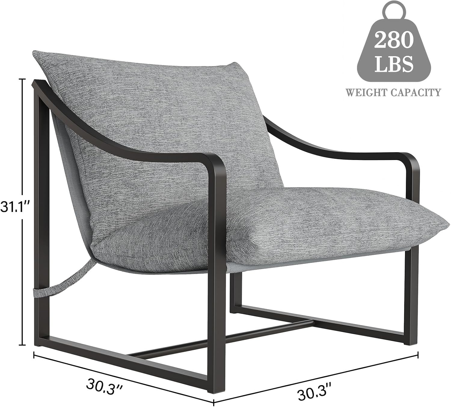 Garvee Mid-Century Modern Sling Accent Chair, Comfy Fabric Living Room Chairs with Heavy Duty Metal Frame, Lounge Reading Armchair for Living Room Bedroom, Easy Assembly, Gray