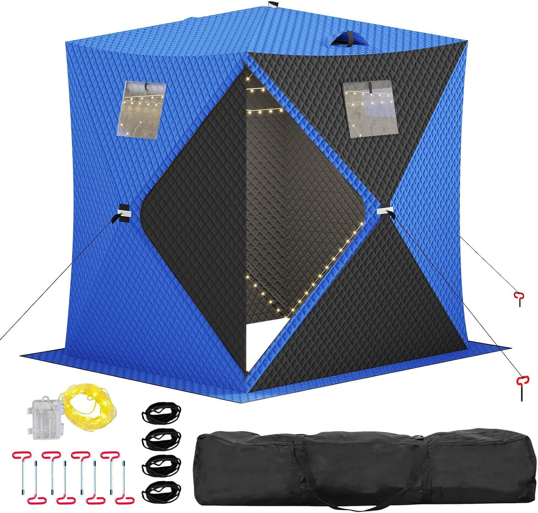 Garvee Pop Up Ice Fishing Tent 49ft LED Light Strip Insulated Waterproof Windproof Blue+Black 25 sq ft Fishable Area 2-3 Person Winter Fishing