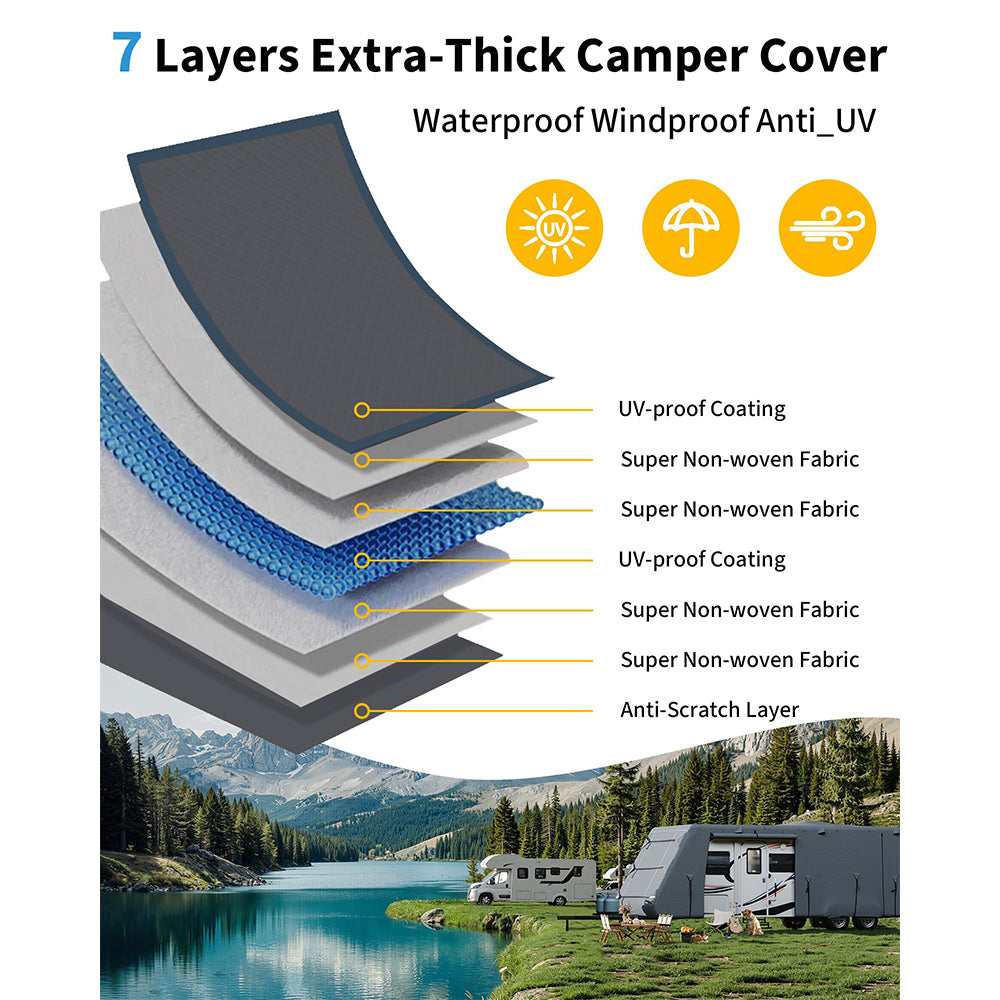 Garvee Travel Trailer RV Cover 27-30 ft, Extra-Thick 7 Layers, Windproof Straps Tire Covers, Waterproof UV Protection for Camper, Grey