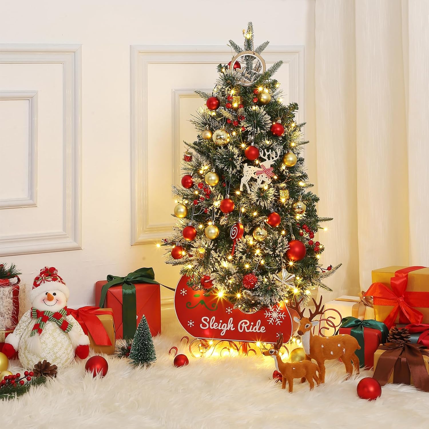 Garvee 3ft Christmas Tree with 78 Lights, Pre-Lit Artificial Desktop Xmas Tree with 8 Mode Includes Red Berries & Sleigh Base for Holiday Indoor DIY Christmas Decor, 2 PCS