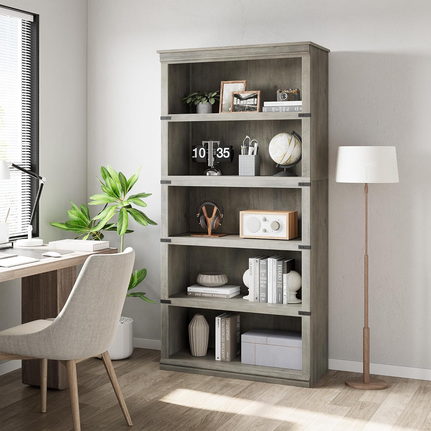 Garvee 5 Tier Bookcase, Farmhouse Book Shelf with Storage Open Display Bookshelves, 67.4" Tall Book Case Wooden 5 Shelf Bookcase Home Decor Furniture for Home Office, Living Room, Bed Room, Gray