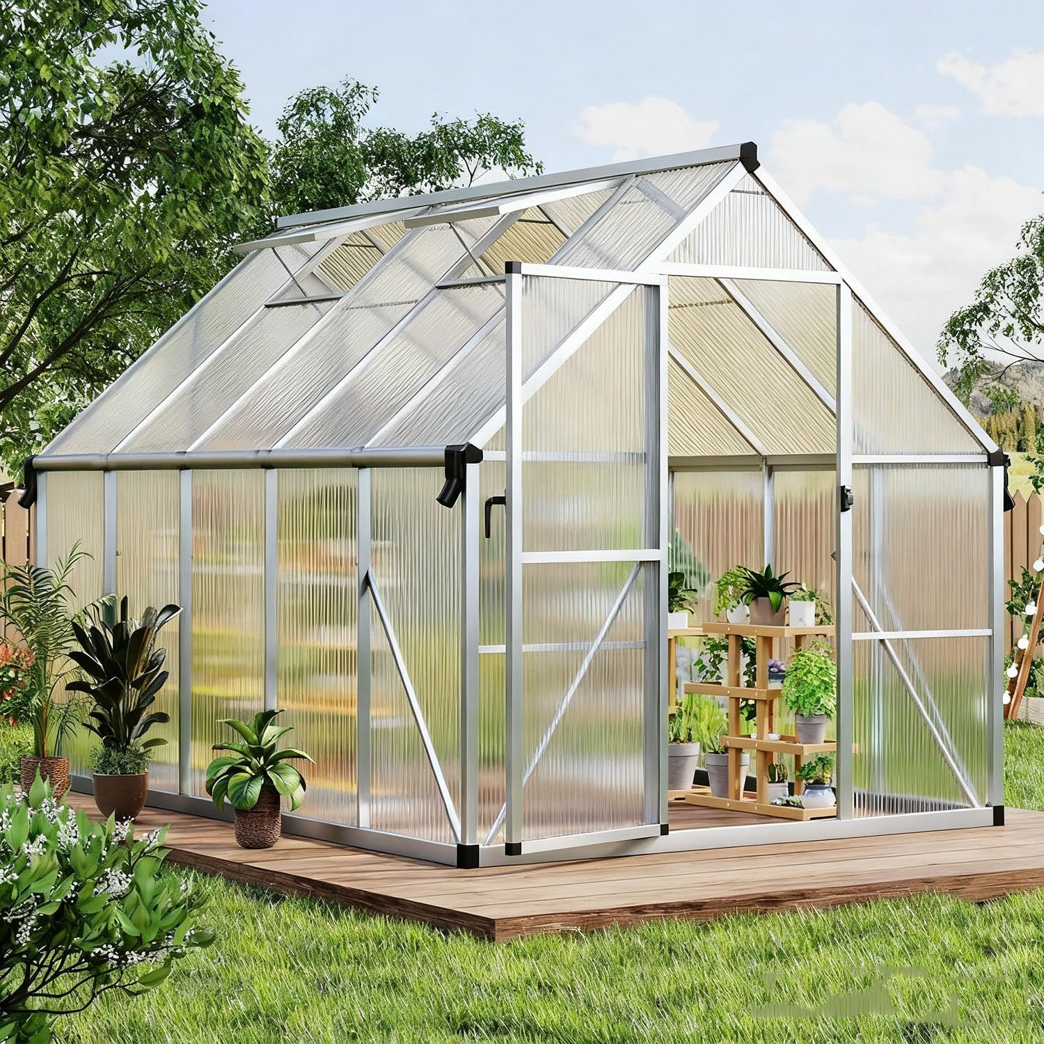 Garvee 8'X10' Silver Large Enhanced Aluminum Greenhouses Kit for Outdoors, Aluminum-Framed Polycarbonate Greenhouse, Heavy Duty Polycarbonate Greenhouse with Quick Setup Structure and Roof Vent