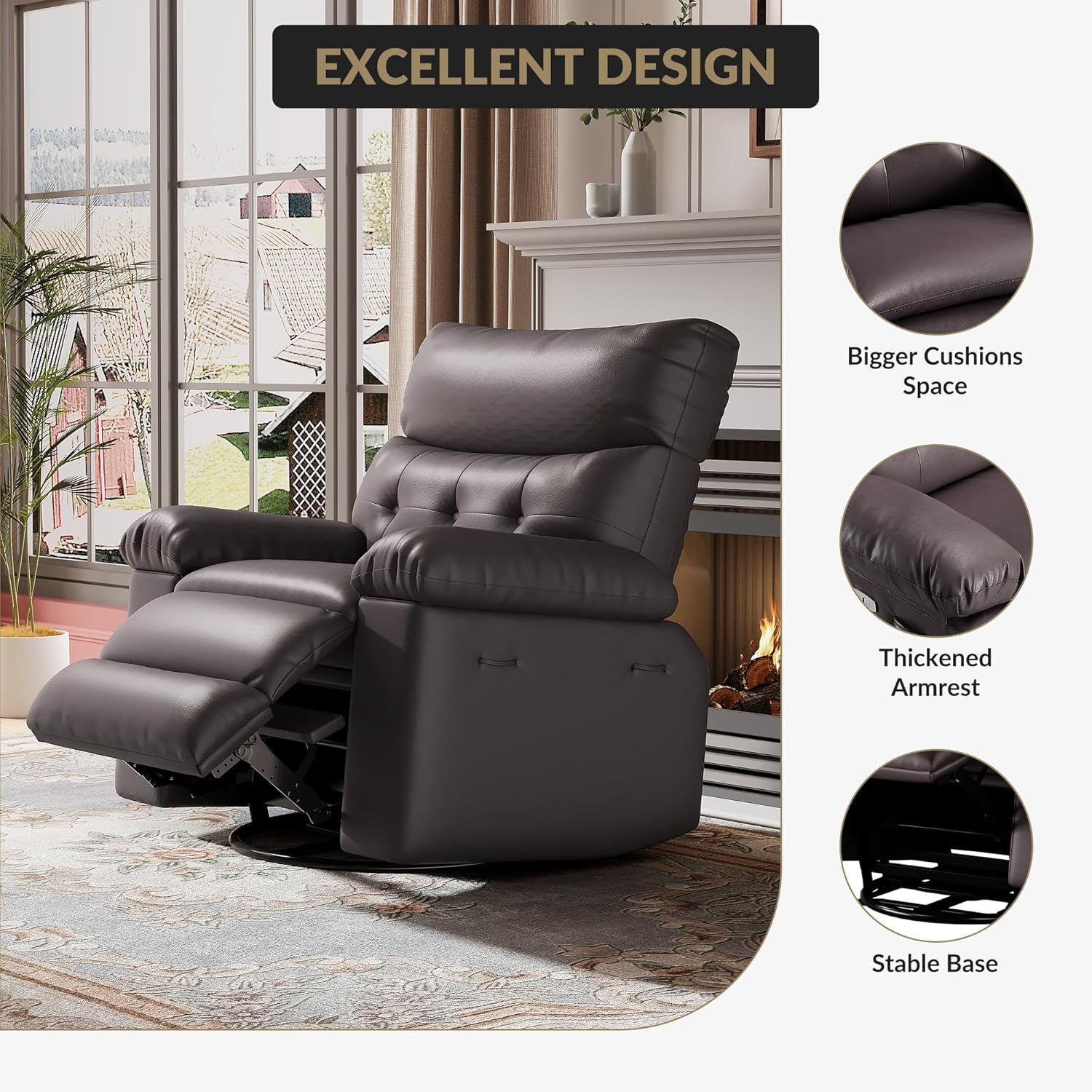 Garvee Extra Wide Comfort Recliner Chair for Adults - Oversized Manual PU Faux Leather Sofa - Overstuffed Arms & Back, Side Pocket, Comfortable Reclining - Living Room, Bedroom - Coffee