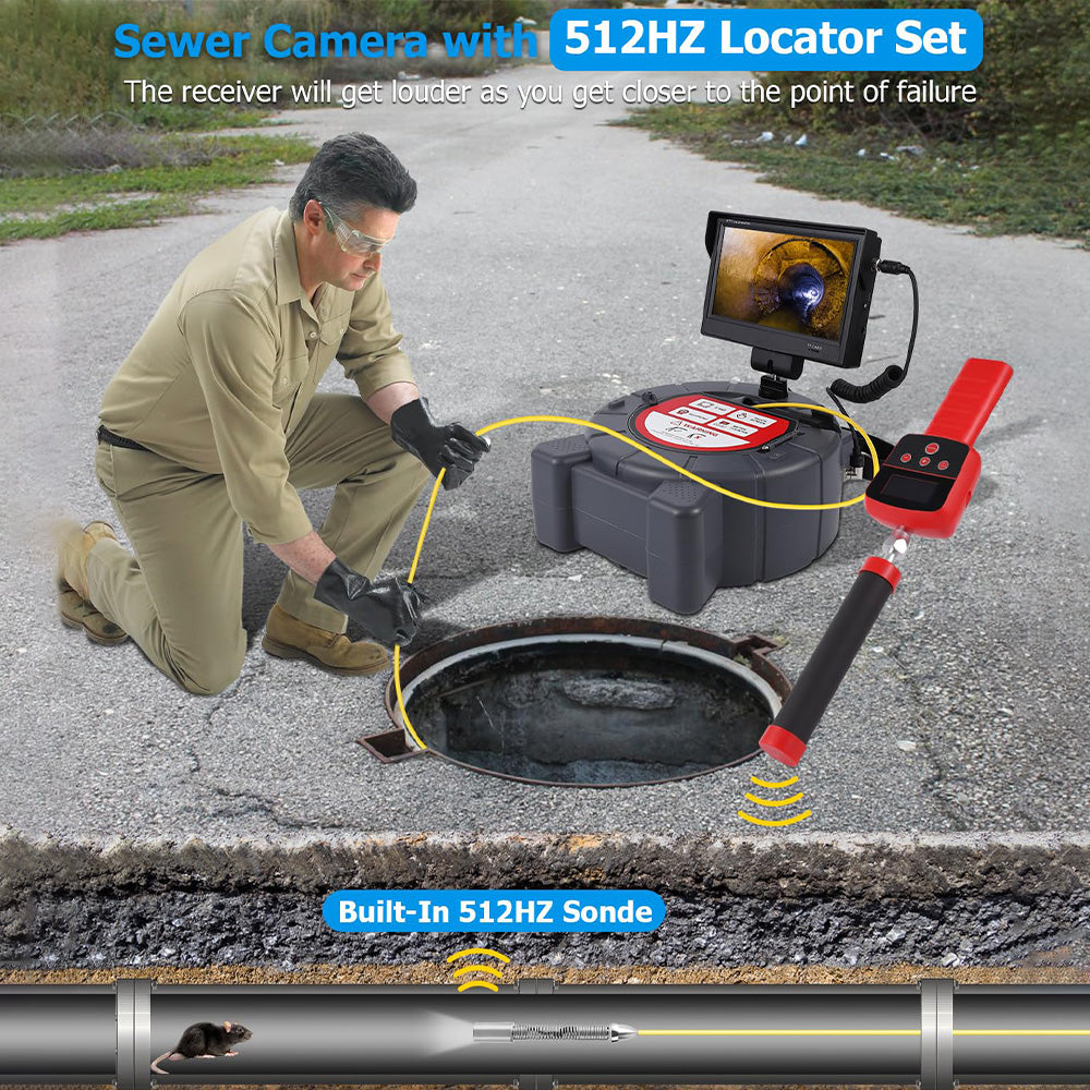 Garvee Sewer Inspection Camera with 512Hz Locator, 100ft Self-Leveling Snake Camera, 9" Touch HD Screen, DVR, Adjustable LEDs, 16GB SD Card, IP68 Waterproof for Sewer and Drainage Pipes -100ft