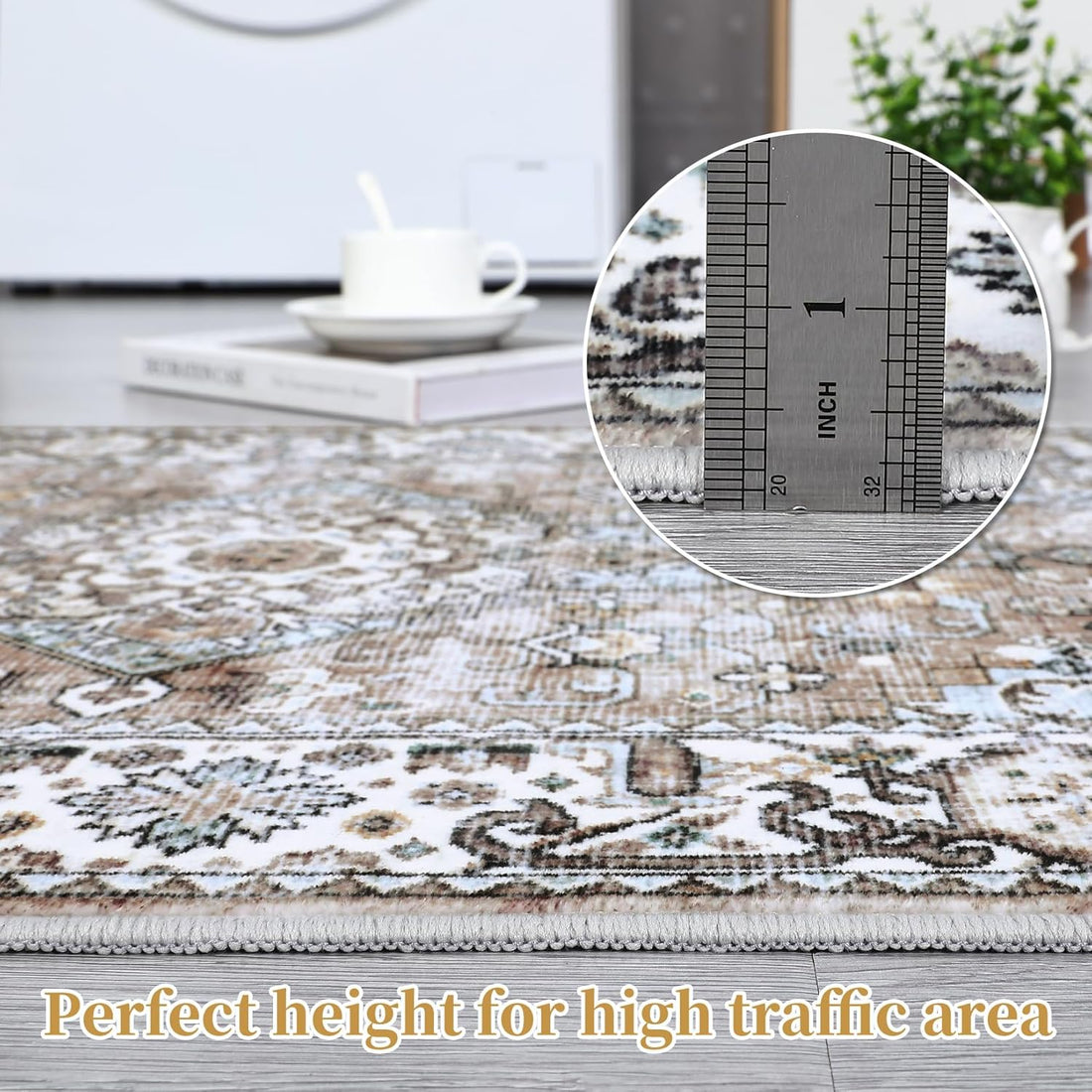 Garvee 9x12 Area Rug Large Vintage Distressed Machine Washable Area Rug for Living Room Traditional Medallion Floral Non-Slip Stain Resistant Accent Rug Carpet for Home Decoration, Taupe