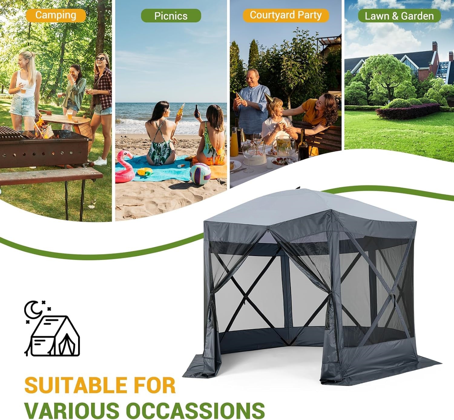 Garvee 12x12ft Camping Gazebo, Portable Pop Up Canopy Screen Tent 6 Sided with Mesh Windows and Carry Bag for Camping, Outdoor, Picnic, Backyard Party Outside Activities, Gray