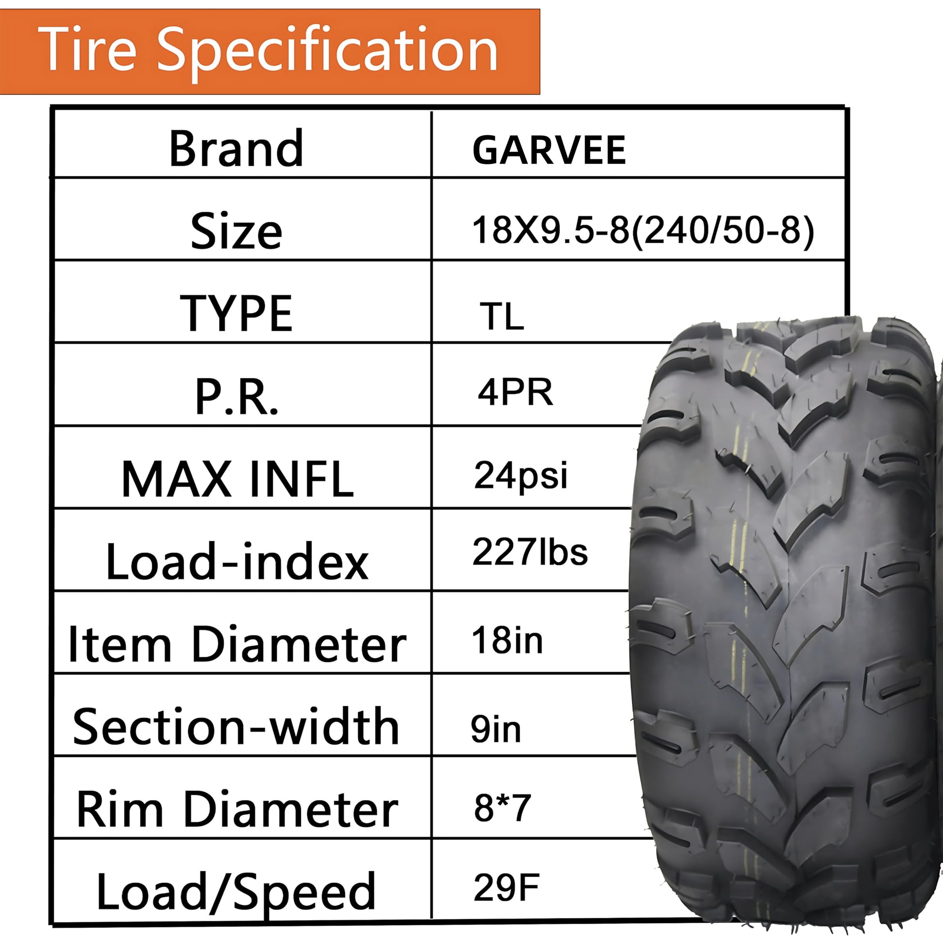 Garvee Set Of 4 AT18x9.5-8 Front & Rear All Terrain ATV UTV Off-Road Tires 4PR Tubeless Black