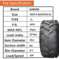 Garvee Set Of 4 AT18x9.5-8 Front & Rear All Terrain ATV UTV Off-Road Tires 4PR Tubeless Black