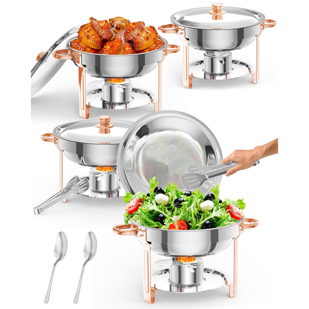 GARVEE 5QT Round Chafing Dish Buffet Set (4 Pack) - Stainless Steel Food Warmers with Lid Holder, Spoon, and Tweezers, Rose Gold Finish, Ideal for Parties, Weddings, Events, and Banquets