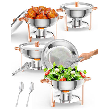 GARVEE 5QT Round Chafing Dish Buffet Set (4 Pack) - Stainless Steel Food Warmers with Lid Holder, Spoon, and Tweezers, Rose Gold Finish, Ideal for Parties, Weddings, Events, and Banquets