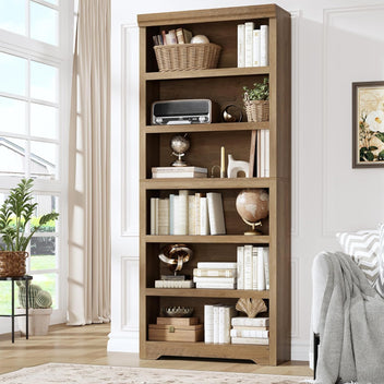 Garvee 6 Tier Bookshelf, 75" Tall Farmhouse Bookcase with Adjustable Shelves, 31.5" W Floor Standing Open Display Storage Rack with Anti-Slip Design for Home Office, Balcony, Library, Study / Living Room, Brown
