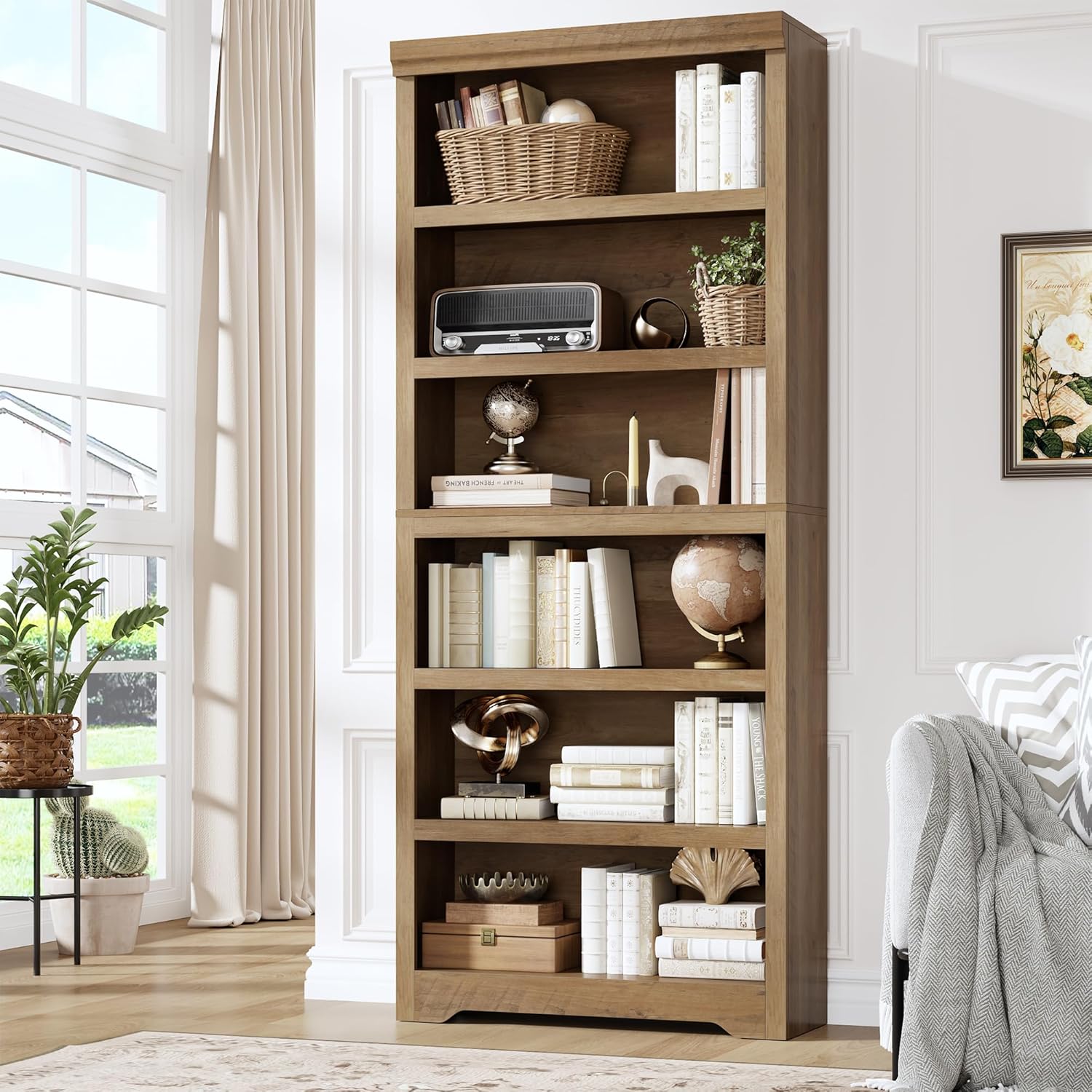Garvee 6 Tier Bookshelf, 75" Tall Farmhouse Bookcase with Adjustable Shelves, 31.5" W Floor Standing Open Display Storage Rack with Anti-Slip Design for Home Office, Balcony, Library, Study / Living Room, Brown