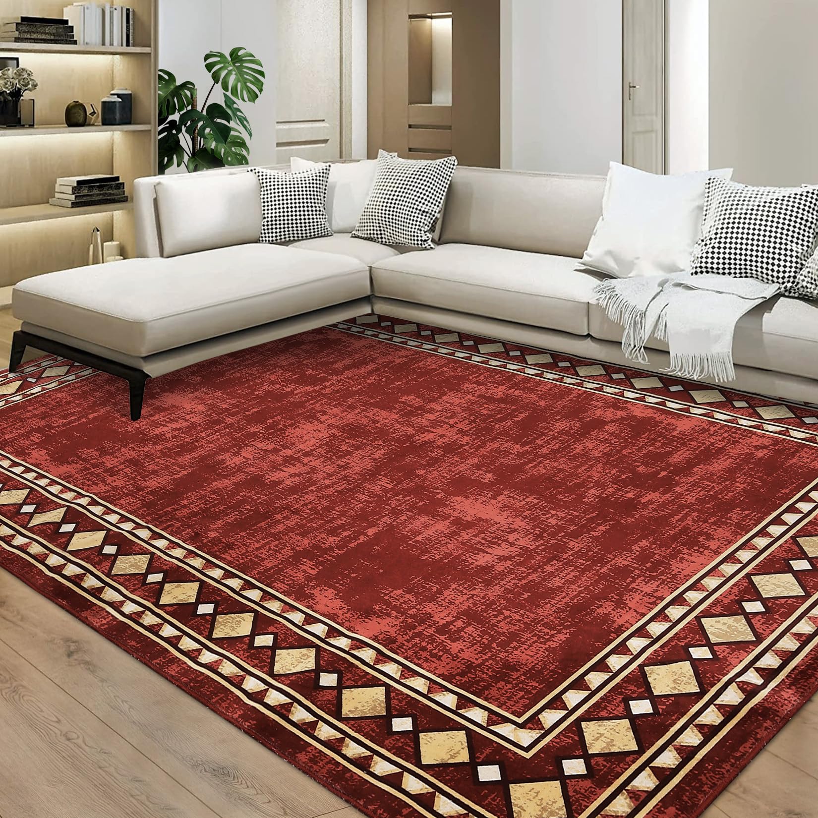 Garvee Bordered Red 4x6 Machine Washable Area Rug for Living Room Modern Bordered Area Rug, Non-Slip Stain Resistant Accent Rug Indoor Minimalist Border Floor Cover Carpet for Bedroom