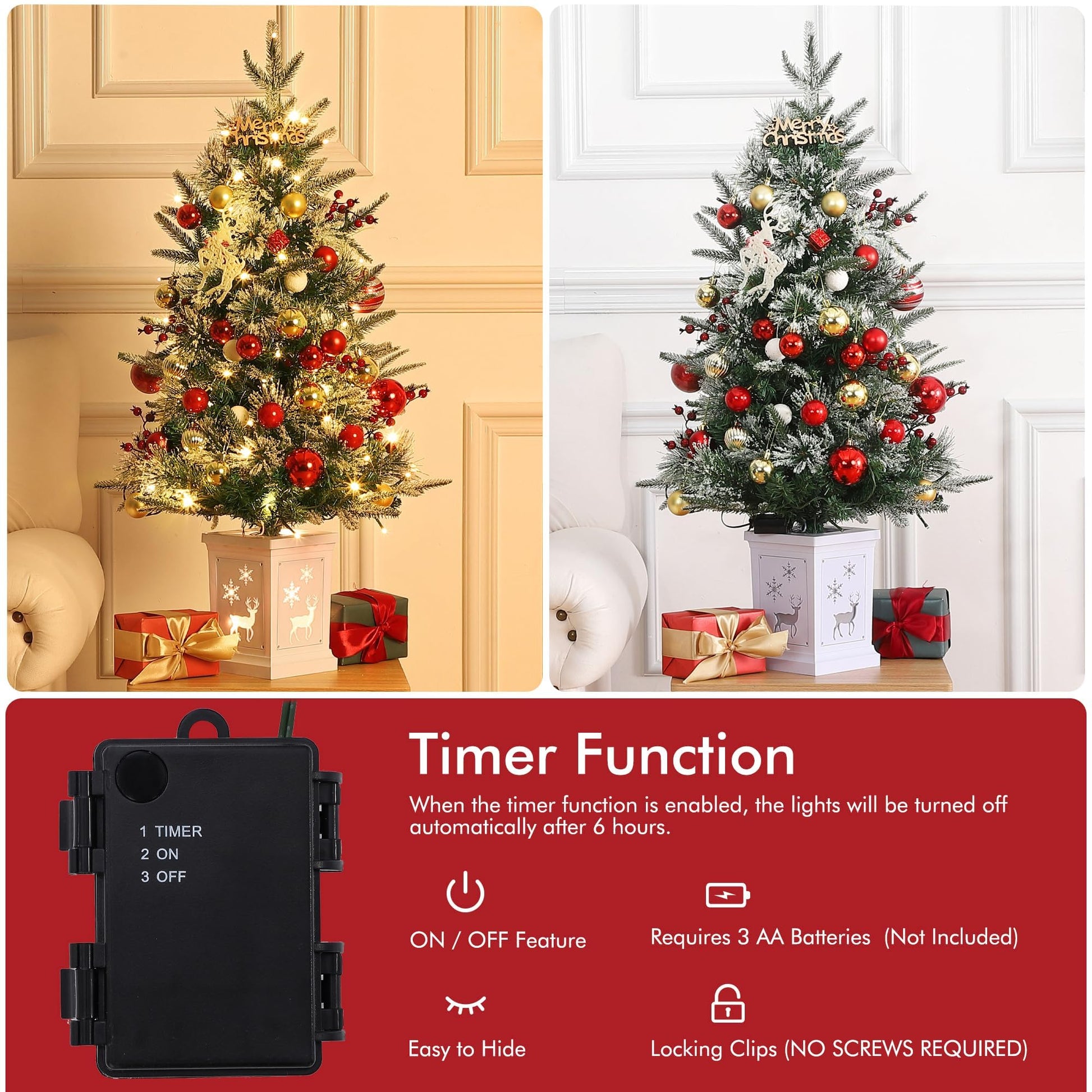 Garvee 4.5ft Christmas Tree, Pre-lit Christmas Tree with Lighting Elk Base and Red Berries, Artificial Christmas Tree with 108 LED Lights, Snow Flocked Branches Xmas Tree for Porch, Entryway