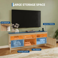 Garvee 70 Inch Fluted TV Stand for TVs Up to 80", Mid Century Modern Entertainment Center with Power Outlet & LED Light, Wood Media Console with Storage Cabinets, Oak
