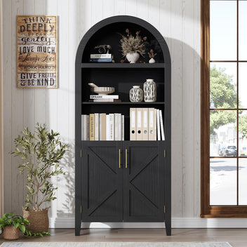 Garvee Arched Bookcase with Doors - 5-Tier Open Display Shelf, Modern Bookshelf Storage Cabinet for Home Office Living Room Library, Black