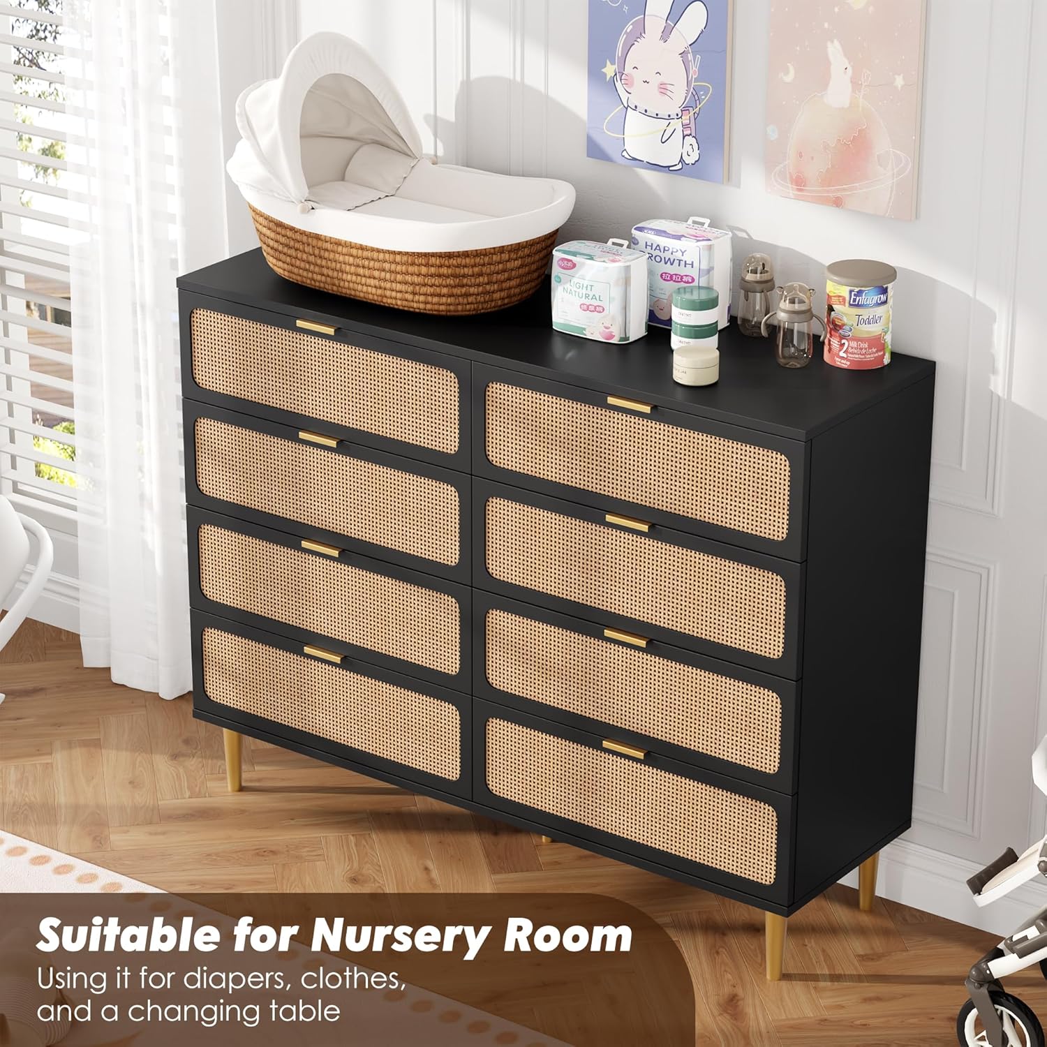 Garvee Rattan 8 Drawer Dressers for Bedroom, Tall Dresser with Deep Drawers, Large Chest of Drawers for Closet with Wide Top, Long Wooden Dresser for Living Room, Hallway, Kids Room, Black