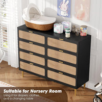 Garvee Rattan 8 Drawer Dressers for Bedroom, Tall Dresser with Deep Drawers, Large Chest of Drawers for Closet with Wide Top, Long Wooden Dresser for Living Room, Hallway, Kids Room, Black