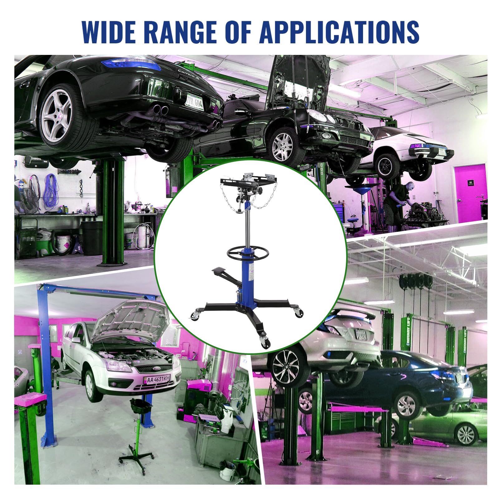 blue hydraulic transmission jack used for automotive workshop service