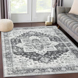 Garvee Area Rug 5x7 Vintage Vintage Rug Vintage Area Rug Indoor Floor Cover Print Carpet Distressed Machine Washable Foldable Accent Rug for Bedroom Living Room, 5’x7’, Grey - Gray