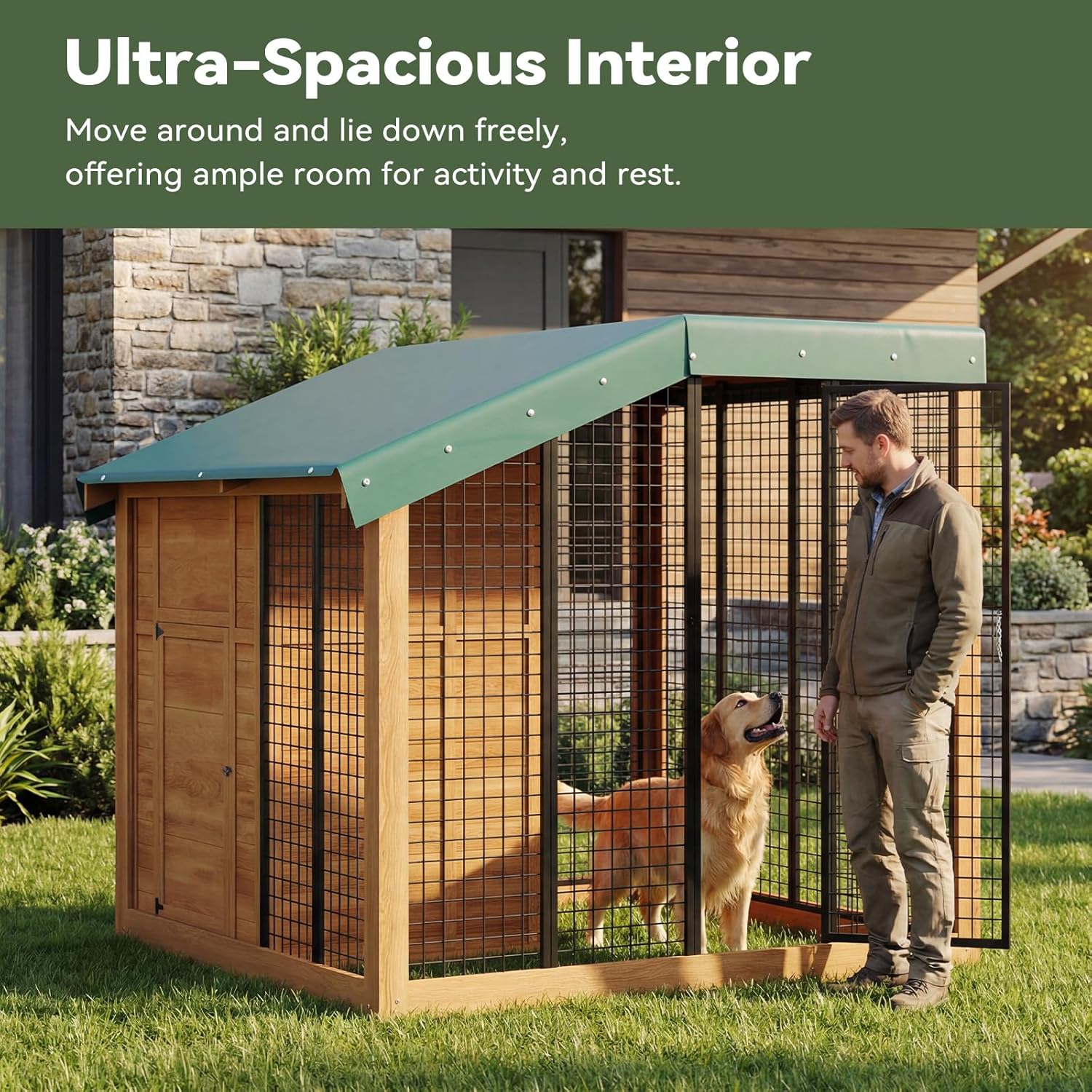 Natural wood cedar dog kennel with a person and dog demonstrating the enclosed run and sheltered interior