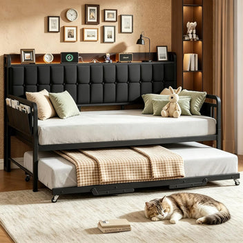 Garvee Daybed with Trundle, Metal Twin Bed Frame with Upholstered Storage Headboard, Charging Station & LED, Sofa Bed with, Side Pockets, Sturdy Supports for Living Room and Bedroom, Black