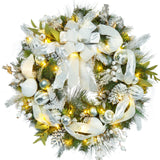 Garvee Christmas Wreath, 30 Inch Outdoor Christmas Wreath for Front Door, Battery Operated Xmas Wreath with Silver White Ball Ornaments Bows and 40 LED Lights for Home Holiday Decor - White
