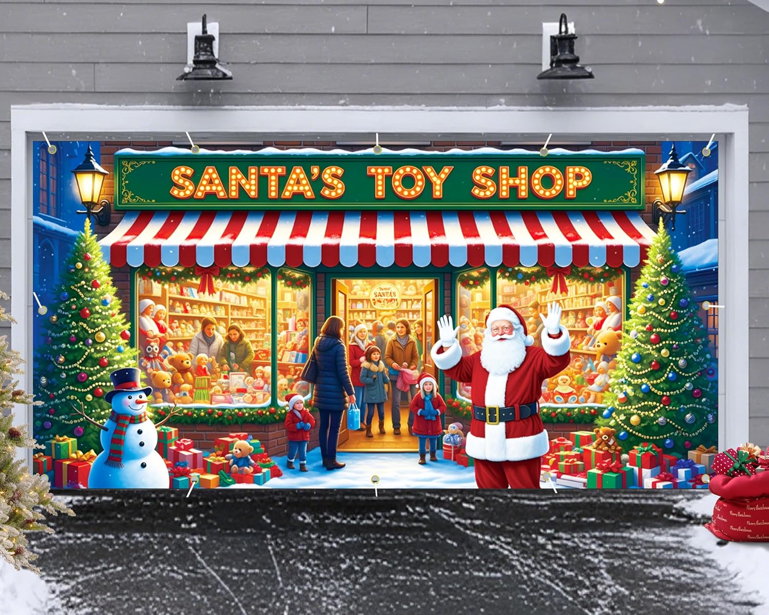 Garvee Santa's Workshop Garage Door Cover - 7x16 ft Christmas Holiday Decor with 4x6 m Ribbon Strings | Polyester Santa & Elves Scene for Home, Church, Party Decorations | Durable, Reusable & Fade-Resistant