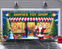 Garvee Santa's Workshop Garage Door Cover - 7x16 ft Christmas Holiday Decor with 4x6 m Ribbon Strings | Polyester Santa & Elves Scene for Home, Church, Party Decorations | Durable, Reusable & Fade-Resistant