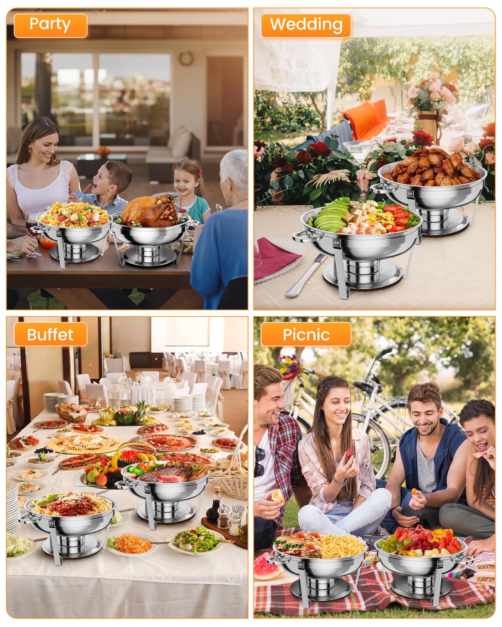 5QT Chafing Dish Buffet Set of 2 Pack, Round Stainless Steel Food Warmers Buffet Servers Sets, Chafer with Food & Water Pan, Lid, Frame, Fuel Holder for Catering and Parties