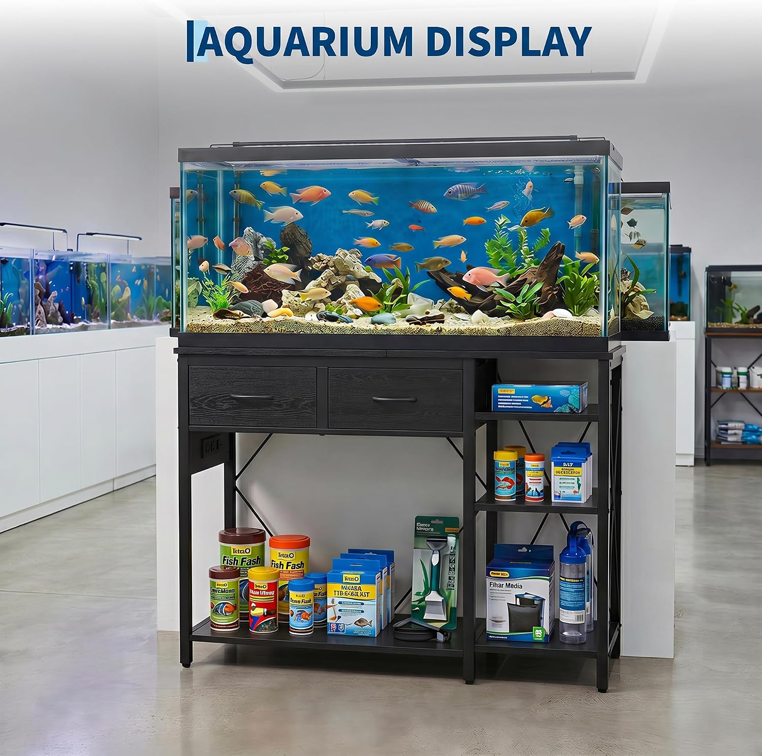 Garvee Fish Tank Stand for 55–75 Gallon Aquariums with Power Outlet - 3-Tier Storage Shelves - Fits Turtle & Reptile Terrariums - 49.2 x 17.7 in Top - Black