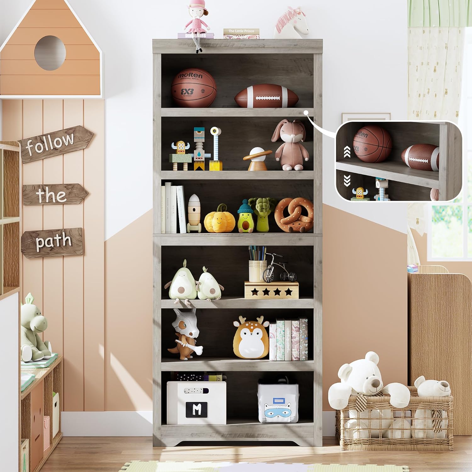 Garvee 6 Tier Bookshelf, 75" Tall Farmhouse Bookcase with Adjustable Shelves, 31.5" W Floor Standing Open Display Storage Rack with Anti-Slip Design for Home Office, Balcony, Library, Study / Living Room, Gray
