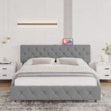 Garvee Queen Size Bed Frame with USB Ports，Upholstered Platform with Adjustable Headboard, Strong Frame and Wooden Slats Support, Linen Fabric Wrap No Box Spring Needed, Easy Assembly, Light Gray - Light Gray
