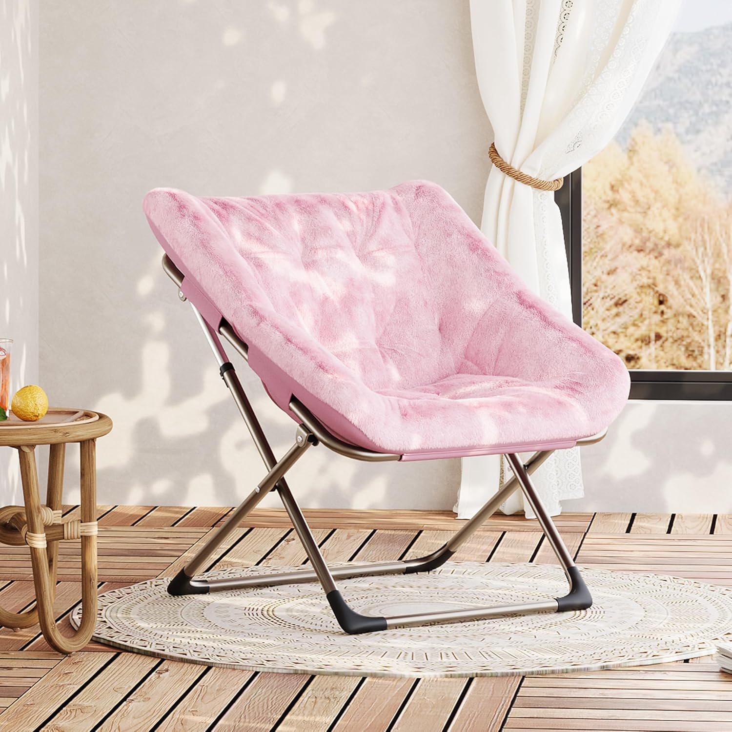 Garvee Folding Saucer Chairs for Adults, Comfy Faux Fur Lazy Chair with Metal Frame, 300 LB Capacity, No Assembly Required for Living Room, Bedroom, Dorms, Pink