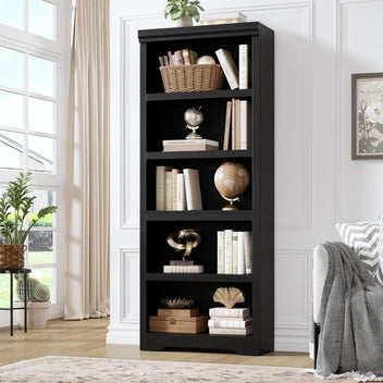 Garvee 5 Tier Bookshelf, 69" Tall Farmhouse Bookcase with Adjustable Shelves, 23.6" W Floor Standing Open Display Storage Rack with Anti-Slip Design for Home Office, Balcony, Library, Study / Living Room, Black