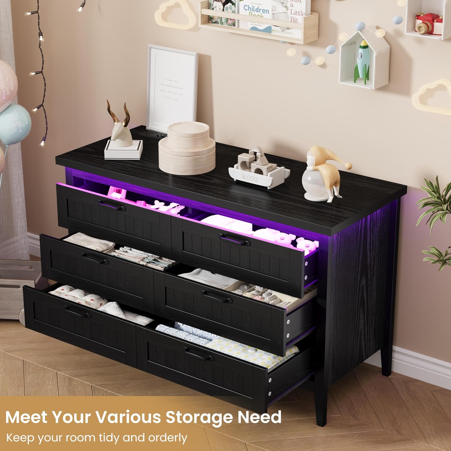 Garvee 6 Drawer Dresser with Power Outlet, Black Dresser with LED Light, Modern Chest of Drawers for Closet, Double Wide Drawer Organizer Cabinet for Bedroom, Living Room