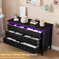 Garvee 6 Drawer Dresser with Power Outlet, Black Dresser with LED Light, Modern Chest of Drawers for Closet, Double Wide Drawer Organizer Cabinet for Bedroom, Living Room