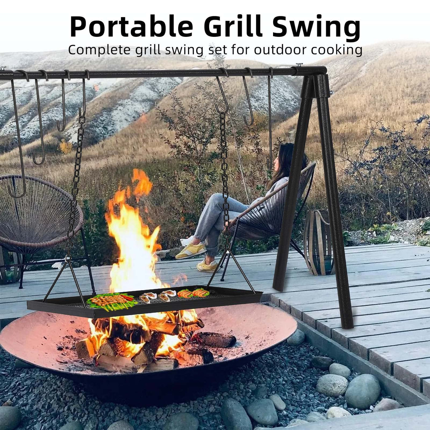 GARVEE Campfire Swing Grill Campfire Cooking Stand Adjustable Cookware Hanging Rack with Lifter & Hooks