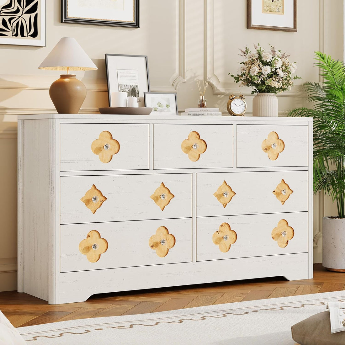 Garvee 7 Drawers Dresser for Bedroom, 54" Boho Wide Dresser Chest of Drawers, Clothes Storage Cabinet, Decorative Drawer Front Organizer for Bedroom, Living Room, Hallway, White