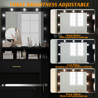 Black vanity table with illuminated mirror, drawers, and storage compartments, showcasing brightness adjustment and makeup organization.
