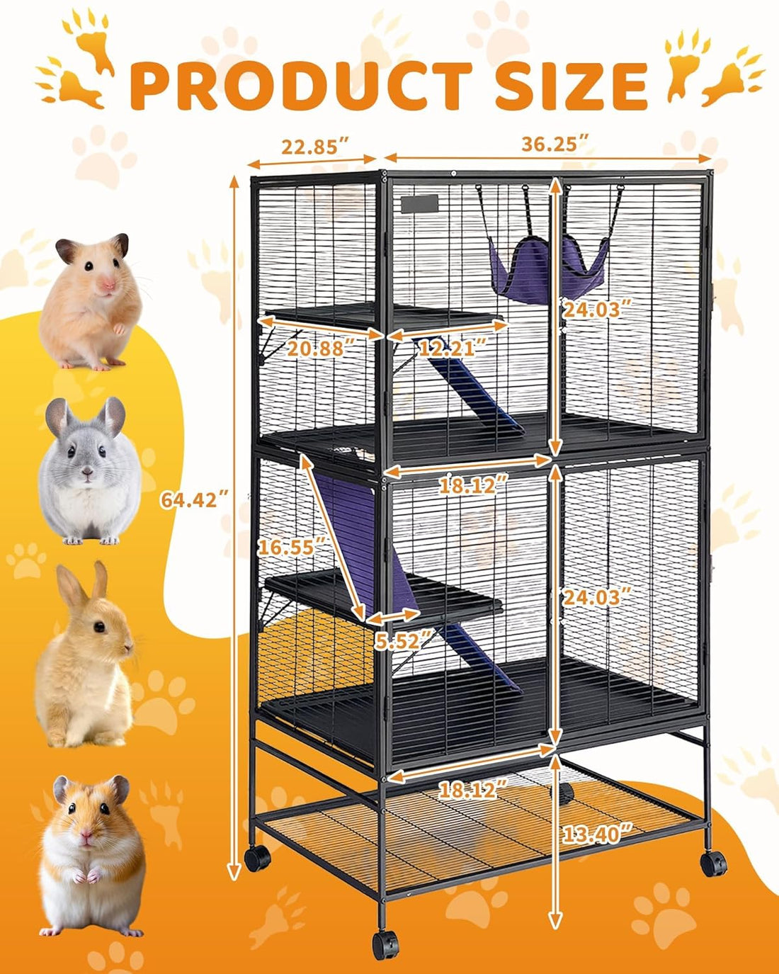 Garvee Metal Cat Cage 64 Inch Tall Multi-Level Ferret Cage for Small Animals Indoor Outdoor Playpen with Hammock Detachable Metal Wire Kennel for Cats Chinchilla Rabbit Guinea Pigs