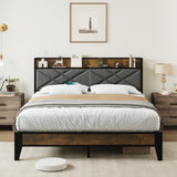 Garvee Full Bed Frame with Charging Station and Storage Shelf, Metal Platform Bed with Upholstered Headboard, Tufted Design, Steel Slats Support, No Box Spring Needed, Easy Assembly, Grey - Gray